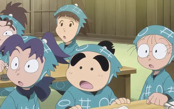 Animated scene from Gekijouban Nintama Rantarou: Dokutake Ninja Tai Saikyou no Gunshi, featuring a group of surprised ninja characters in a classroom setting. HD wallpaper background.