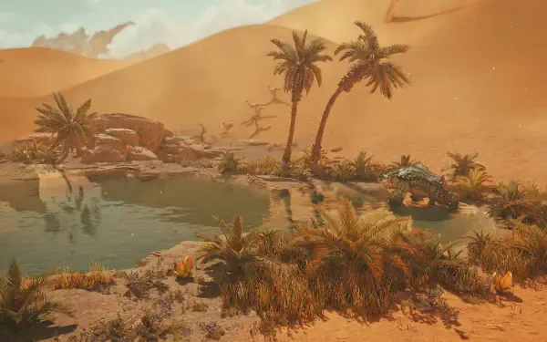 A serene oasis in a desert landscape featuring lush palm trees and a tranquil pond, inspired by the video game Monster Hunter Wilds. Vibrant colors create a captivating scene.