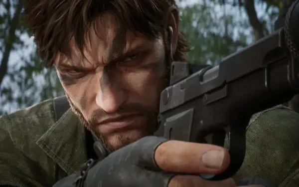 Close-up of Solid Snake from Metal Gear Solid Δ: Snake Eater, focused and ready for action, set against a blurred forest backdrop. Ideal HD wallpaper for gaming enthusiasts.