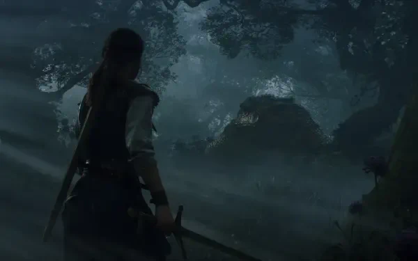 A character stands in a dark, foggy forest, sword drawn, exploring the mysterious ambiance of Fable (2025). This HD PC desktop wallpaper captivates the essence of adventure.