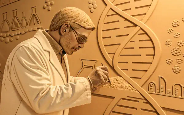A detailed 4K Ultra HD wallpaper of a geneticist examining DNA strands, surrounded by scientific equipment, showcasing a blend of artistry and scientific inquiry.