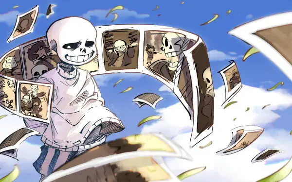 HD PC desktop wallpaper featuring Sans from Undertale surrounded by floating comic panels against a bright blue sky.