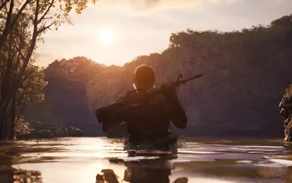 A serene HD wallpaper featuring Solid Snake from Metal Gear Solid Δ: Snake Eater, wading through water against a stunning sunset backdrop.