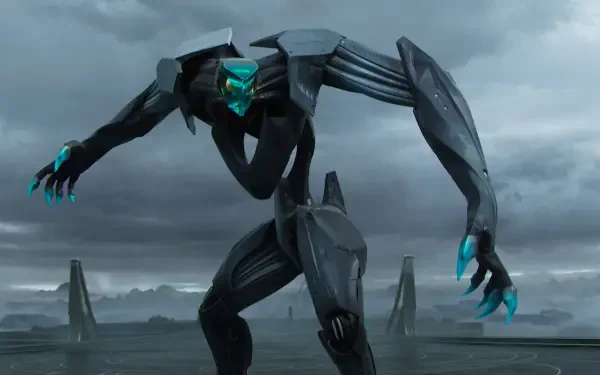 A dramatic HD desktop wallpaper featuring a futuristic, menacing humanoid figure from the video game Exodus (2024), set against a dark, moody backdrop.