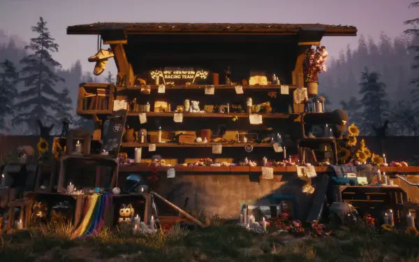 A richly detailed scene from State of Decay 3 features a cluttered wooden stand filled with various items against a backdrop of trees, showcasing the game's vibrant 4K Ultra HD graphics.