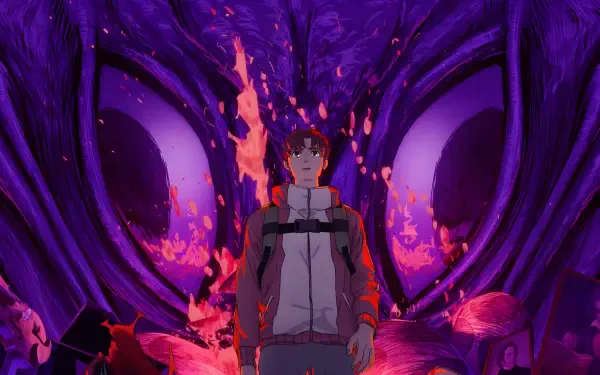 4K Ultra HD anime wallpaper featuring Jin Enjouji from Dandadan standing before a massive, glowing purple and orange demonic face.