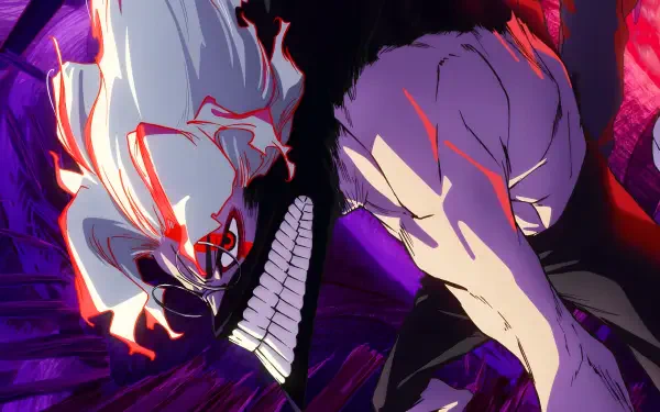 4K Anime Dandadan desktop wallpaper: split-scene duel — skull-masked, grinning entity faces a purple-haired fighter amid neon purples and reds, cinematic retro film-star aura.