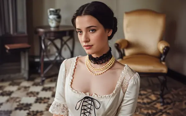 A woman in a Victorian-era dress poses elegantly in a beautifully styled room, featuring a decorative floor and antique chair, captured in 4K Ultra HD.