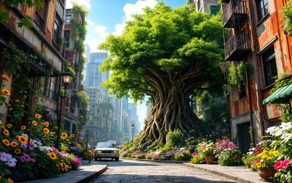 A vibrant urban gardening scene featuring a majestic tree surrounded by colorful flowers and greenery amidst city buildings, captured in stunning 4K Ultra HD.