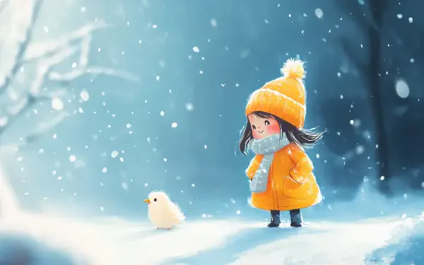 A cute winter scene featuring a girl in a bright orange coat and hat, standing in the snow with a small chick, captured in a vibrant 4K Ultra HD desktop wallpaper.