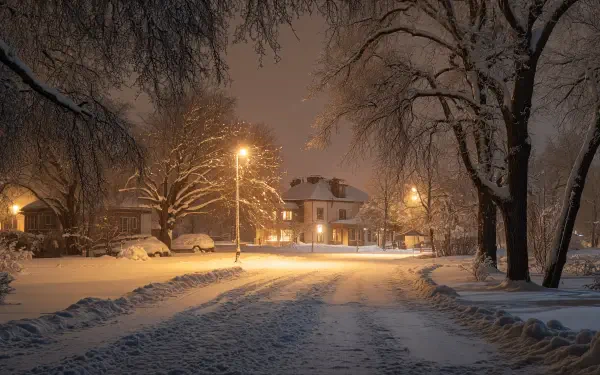A serene winter night scene featuring a snowy street illuminated by warm streetlights, surrounded by trees and cozy homes, captured in stunning 4K Ultra HD.