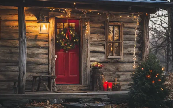 A rustic holiday scene featuring a cozy log cabin adorned with festive lights, a red door, and a wreath, creating a warm and inviting atmosphere, captured in 4K Ultra HD.