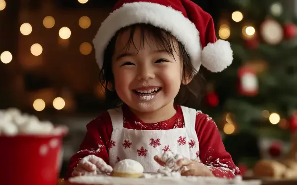 A joyful child wearing a Santa hat smiles while covered in flour, surrounded by holiday decorations, embodying the spirit of holiday baking. 4K Ultra HD PC Desktop Wallpaper.