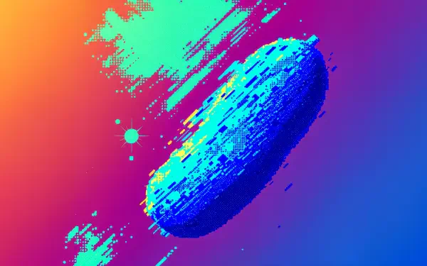 A vibrant 4K Ultra HD wallpaper featuring a stylized pickle against a gradient background of blue, orange, and green, creating a modern and eye-catching digital aesthetic.