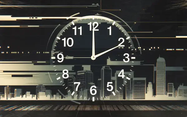 A stylish New Year countdown clock against a sleek, modern city skyline, featured in 4K Ultra HD resolution, perfect for a desktop wallpaper and background.
