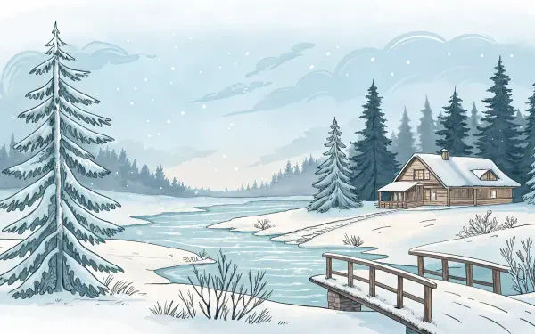 A serene winter scene featuring a cozy cabin by a river, surrounded by snow-covered trees and gentle snowfall, captured in vibrant 4K Ultra HD for your desktop wallpaper.