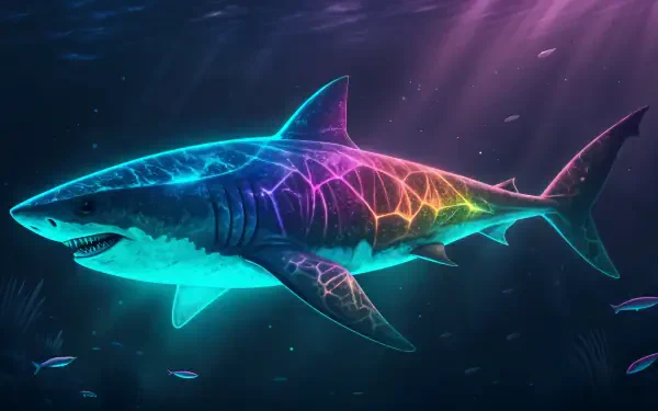 A vibrant 4K Ultra HD wallpaper featuring a megalodon, highlighted with colorful neon patterns, swimming gracefully in a dark underwater scene.
