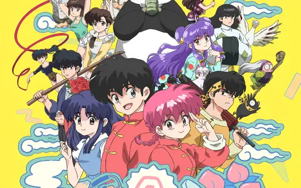HD PC desktop wallpaper featuring vibrant characters from the anime Ranma ½, showcasing its colorful and dynamic cast against a bright yellow background.
