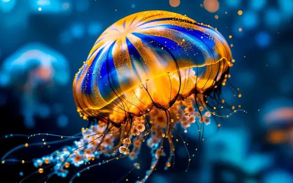 A vibrant jellyfish glows with orange and blue hues, gracefully floating in a serene underwater scene, perfect as a 4K Ultra HD desktop wallpaper.
