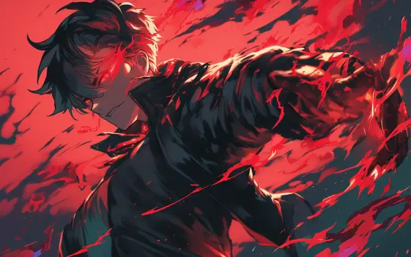 An anime boy with striking features and a dark aura stands against a backdrop of swirling red flames. This HD wallpaper captures intense energy and vibrant colors.