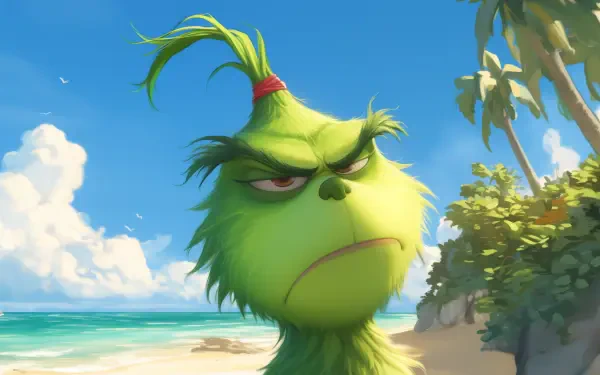 A vibrant HD desktop wallpaper featuring the Grinch, with a disgruntled expression against a backdrop of a sunny beach and palm trees, capturing his signature mischievous charm.