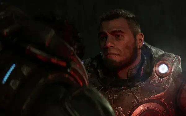 A dramatic scene from the video game Gears of War: E-Day, showcasing a character in a detailed armor, set against a dark background in stunning 4K Ultra HD.