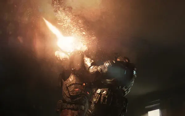 A dramatic 4K Ultra HD wallpaper from Gears of War: E-Day, showcasing intense action with a character firing a weapon amidst dynamic lighting and explosive effects.