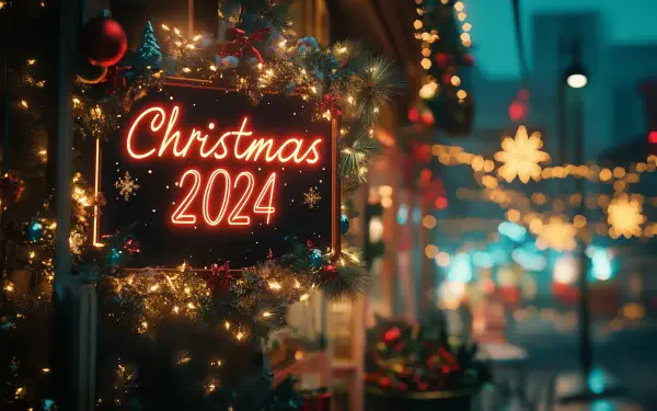A festive sign reading Christmas 2024 illuminated with lights, surrounded by colorful Christmas ornaments, creates a cheerful holiday atmosphere in this HD desktop wallpaper.