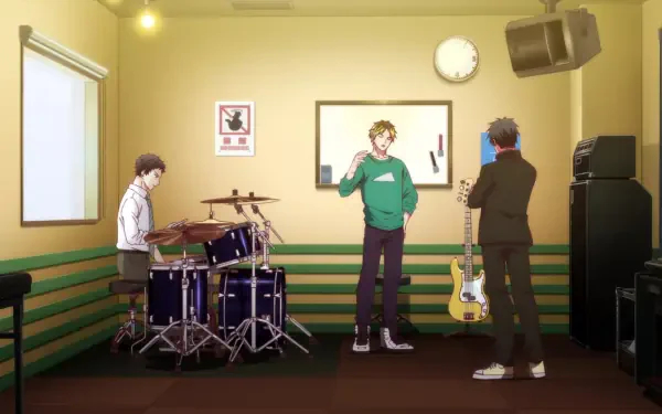 A scene from the anime Given Movie: Hiiragi Mix, featuring three characters in a music rehearsal space, with a drum set, guitar, and a bright, engaging atmosphere. HD desktop wallpaper.
