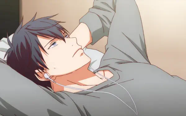 A character from the anime Given, Hiiragi Mix, is depicted lying back with headphones, lost in thought. This HD wallpaper offers a serene backdrop for any desktop.