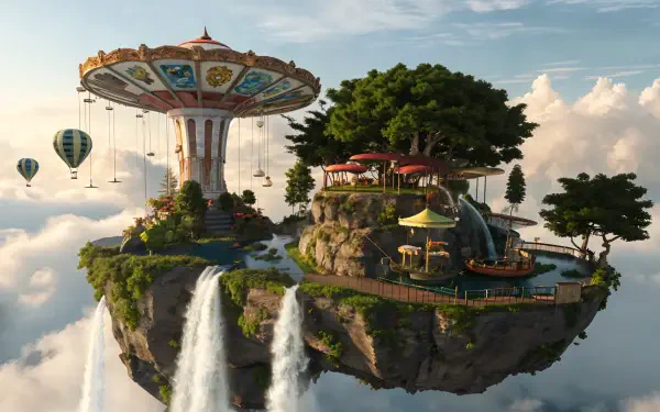 A whimsical flying island features a carousel, lush greenery, and cascading waterfalls, set against a backdrop of blue skies and floating hot air balloons, presented as a stunning 4K Ultra HD wallpaper.