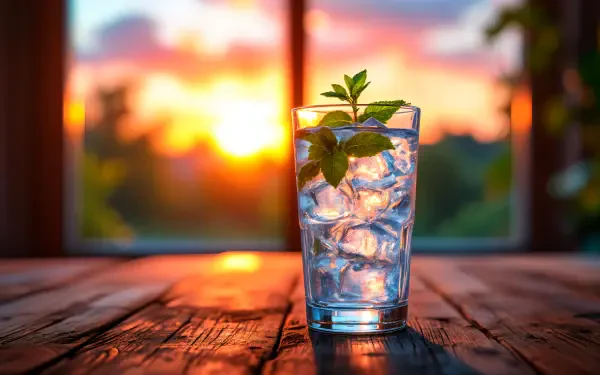 A refreshing cold drink with ice and mint sits on a wooden table, illuminated by a vibrant sunset, showcasing a beautiful 4K Ultra HD backdrop.