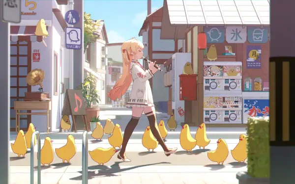 Otonose Kanade, a Virtual YouTuber anime girl, walks through a sunny town street surrounded by yellow chicks in this vibrant 4K Ultra HD PC desktop wallpaper.