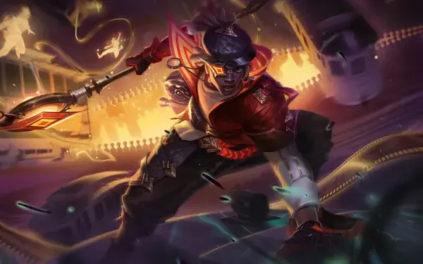 Ekko from League of Legends leaps into action in this vibrant 8K Ultra HD wallpaper, showcasing his dynamic pose and energetic background filled with colorful effects.