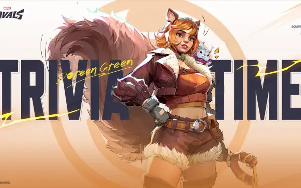 HD wallpaper featuring Squirrel Girl from Marvel Rivals, showcasing her vibrant character design against a bright background with the text Trivia Time.