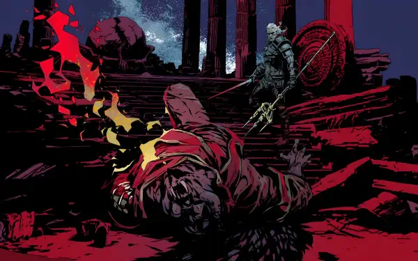 A dramatic scene features Geralt of Rivia from The Witcher, standing over a fallen enemy, blending elements from Elden Ring and its Shadow of the Erdtree expansion. HD wallpaper quality.