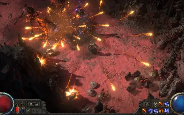 A dynamic scene from Path of Exile 2, showcasing a powerful explosion with fiery projectiles against a rugged terrain, all rendered in stunning 4K Ultra HD.