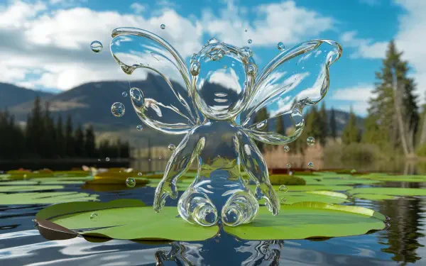 A whimsical pixie made of glass rises from a lily pad, surrounded by water droplets, set against a scenic backdrop of mountains and a clear blue sky in this 4K Ultra HD desktop wallpaper.