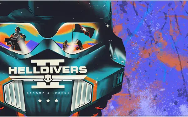 HD PC desktop wallpaper featuring Helldivers 2. The image showcases a striking helmet design with vibrant colors and intense action elements, embodying the game's adventurous spirit.