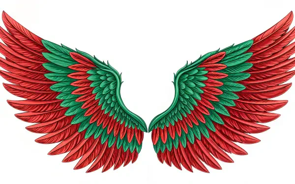 Vibrant angel wings in red and green, beautifully detailed, create a stunning 4K Ultra HD PC desktop wallpaper and background.