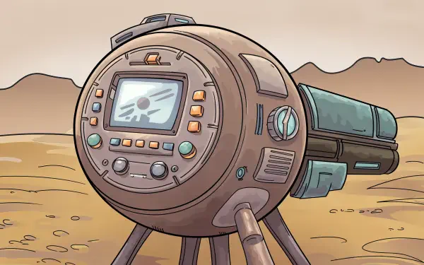 Animated 4K Ultra HD desktop wallpaper of a futuristic weapon device standing on a tripod in a desert landscape, showcasing advanced technology and sci-fi elements.