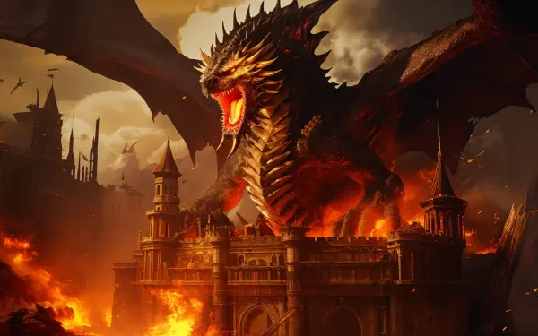 A fierce dragon looms over a burning castle, surrounded by smoke and fire, set in a dramatic fantasy landscape. This vibrant 4K Ultra HD image captures a powerful scene.