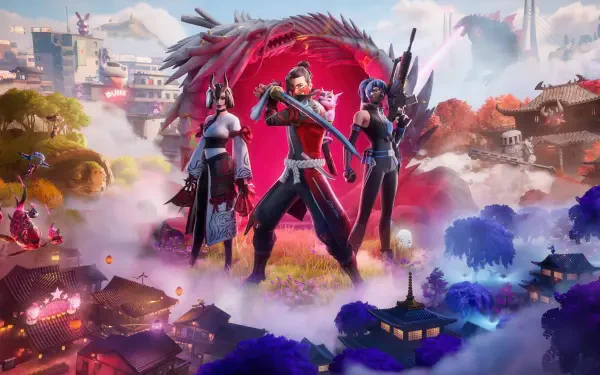 Fortnite Battle Royale characters stand ready in front of a fiery dragon portal in a vibrant, detailed 4K Ultra HD PC desktop wallpaper background.