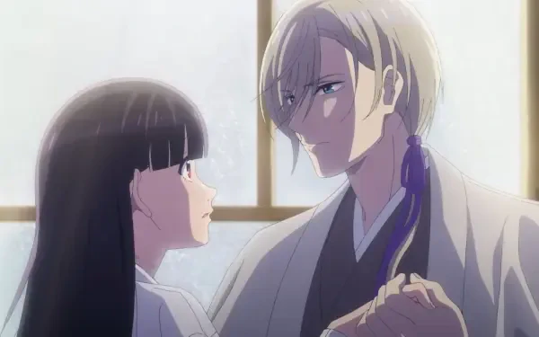 A captivating HD wallpaper from My Happy Marriage, featuring Miyo Saimori and Kiyoka Kudou in a tender moment, set against a softly lit background.