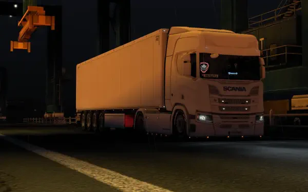 HD PC desktop wallpaper background from the video game Euro Truck Simulator 2 showing a Scania R730 hauling a trailer at night with cinematic lighting.