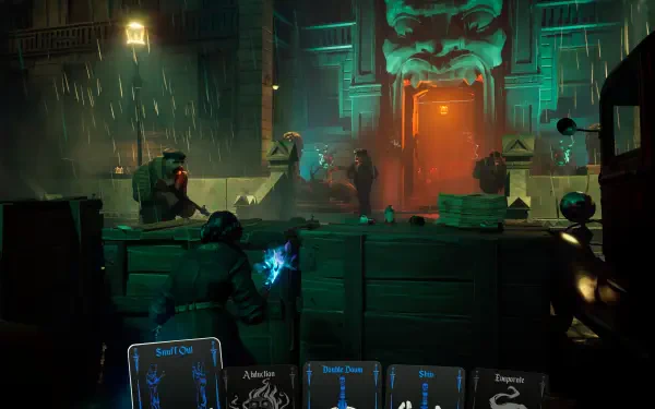 A dynamic scene from the video game Sleight of Hand, featuring a moody atmosphere with characters engaged in action amid vibrant lighting and rain. This 4K Ultra HD wallpaper brings the game to life.