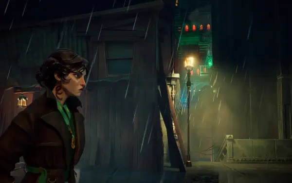 A character stands in the rain, gazing at a vibrant urban scene illuminated by neon lights, embodying the atmosphere of the video game Sleight of Hand. 4K Ultra HD wallpaper.