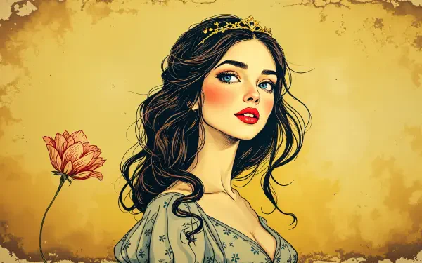 A captivating illustration of Snow White, featuring her signature long dark hair, delicate features, and a golden crown, set against a warm yellow background, perfect for a 4K Ultra HD wallpaper.