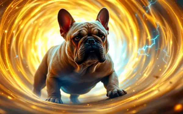 A close-up of a French Bulldog stands confidently in a swirling, colorful vortex, set against a vibrant backdrop for a stunning 4K Ultra HD desktop wallpaper.