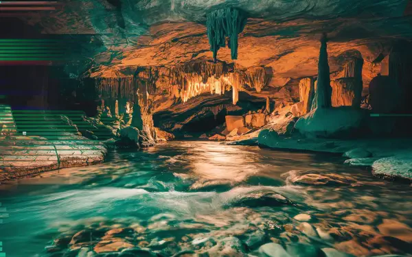 A stunning underground river flows beneath a rocky ceiling adorned with stalactites, illuminated by warm tones, creating a captivating 4K Ultra HD desktop wallpaper.